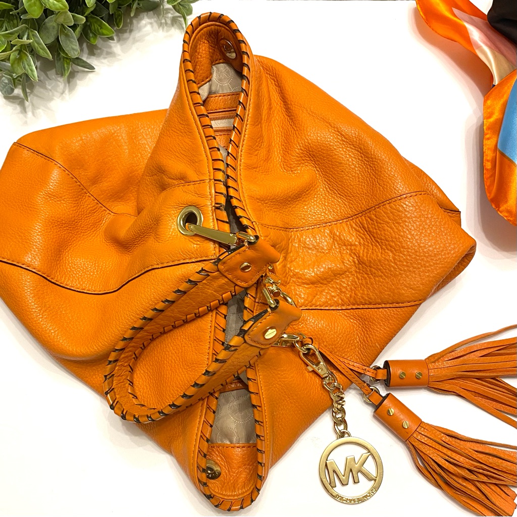 Michael Kors Slouchy Pebbled Leather Lauryn Whipstitch Trim Tassel Bag Orange